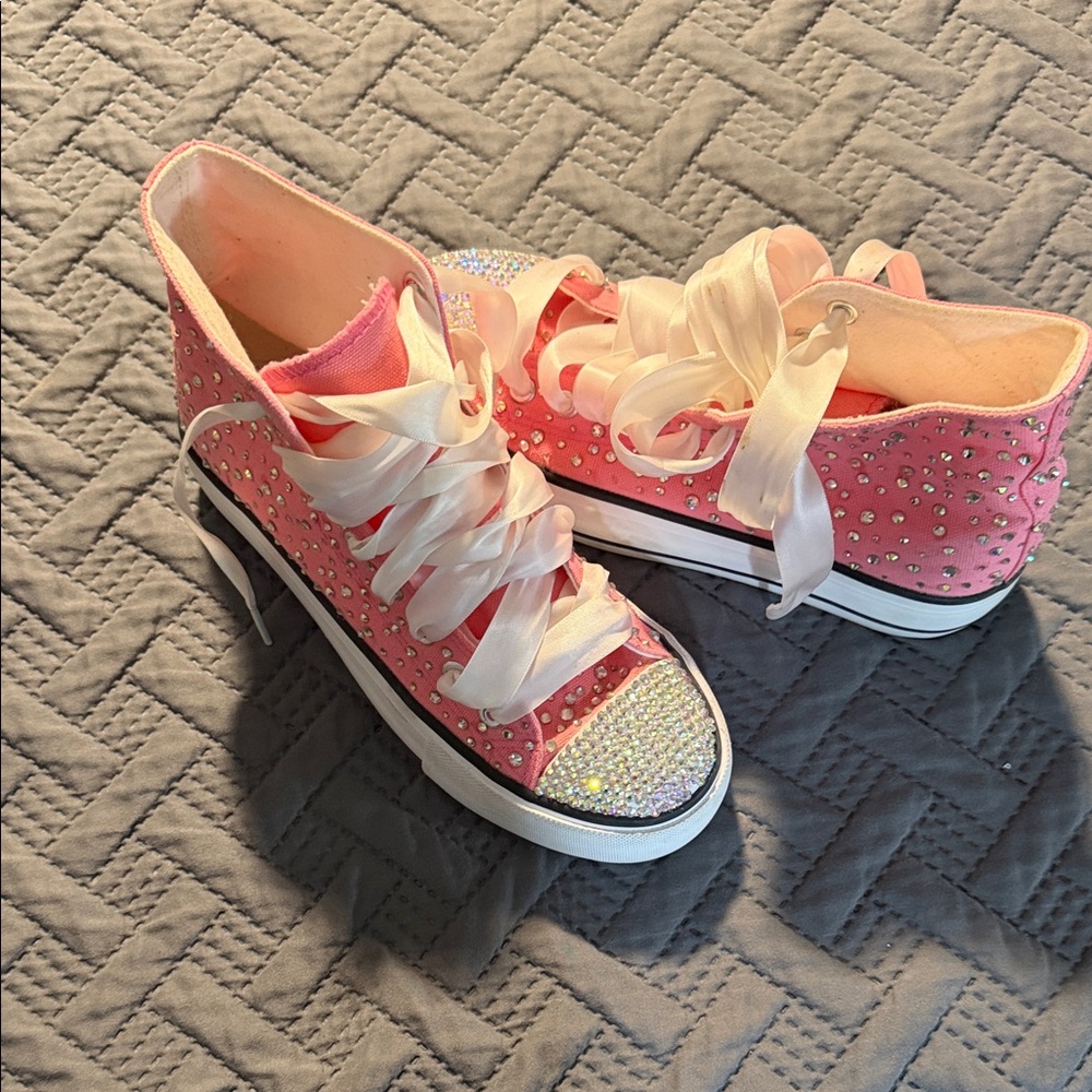 Pink Rhinestone High-Top Sneakers with Satin Laces